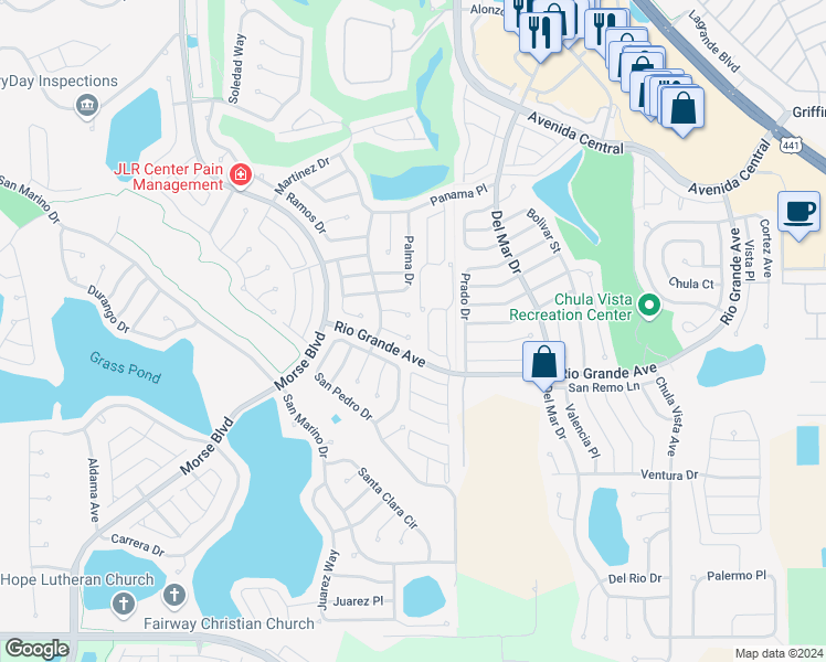 map of restaurants, bars, coffee shops, grocery stores, and more near 1303 Lopez Lane in The Villages