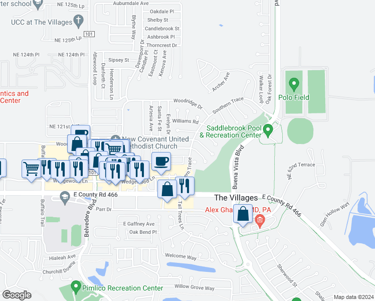 map of restaurants, bars, coffee shops, grocery stores, and more near 3200 Mansfield Street in The Villages