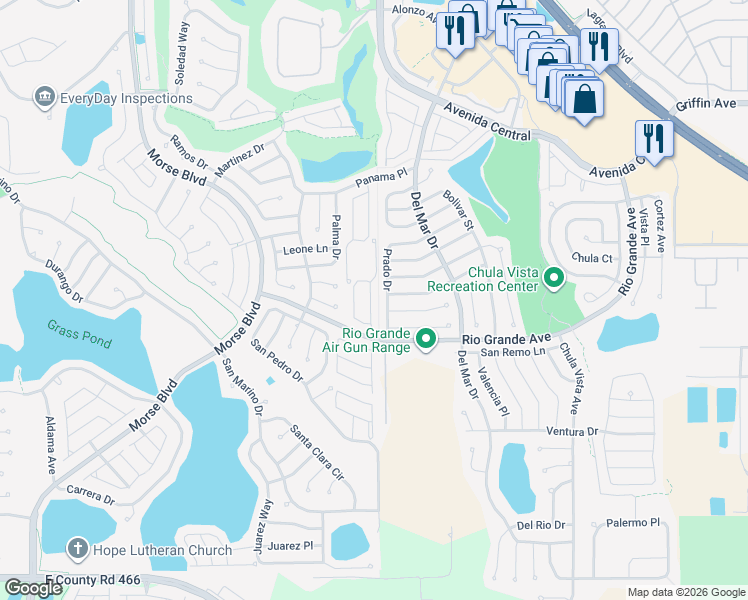 map of restaurants, bars, coffee shops, grocery stores, and more near 617 Dominguez Drive in The Villages
