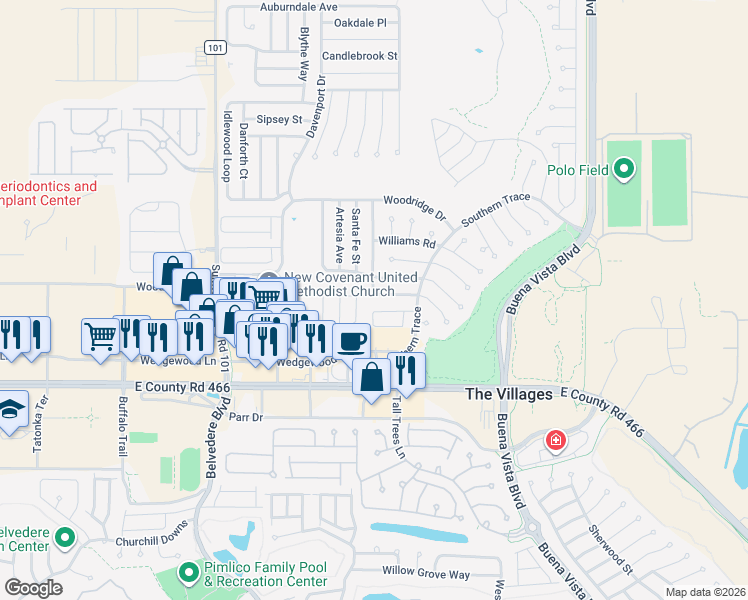 map of restaurants, bars, coffee shops, grocery stores, and more near 3248 Mansfield Street in The Villages
