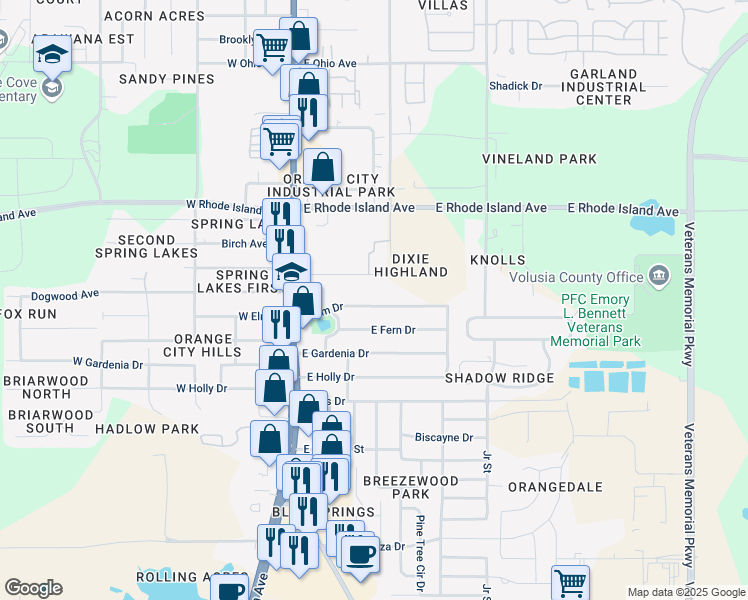 map of restaurants, bars, coffee shops, grocery stores, and more near 165 East Elm Drive in Orange City