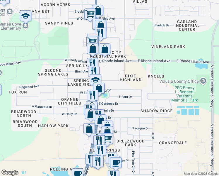 map of restaurants, bars, coffee shops, grocery stores, and more near 117 East Elm Drive in Orange City