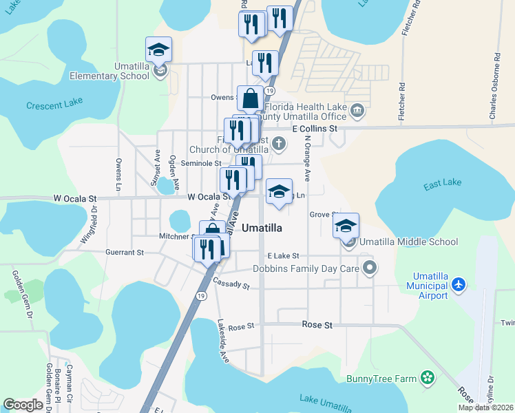 map of restaurants, bars, coffee shops, grocery stores, and more near 377 North Trowell Avenue in Umatilla