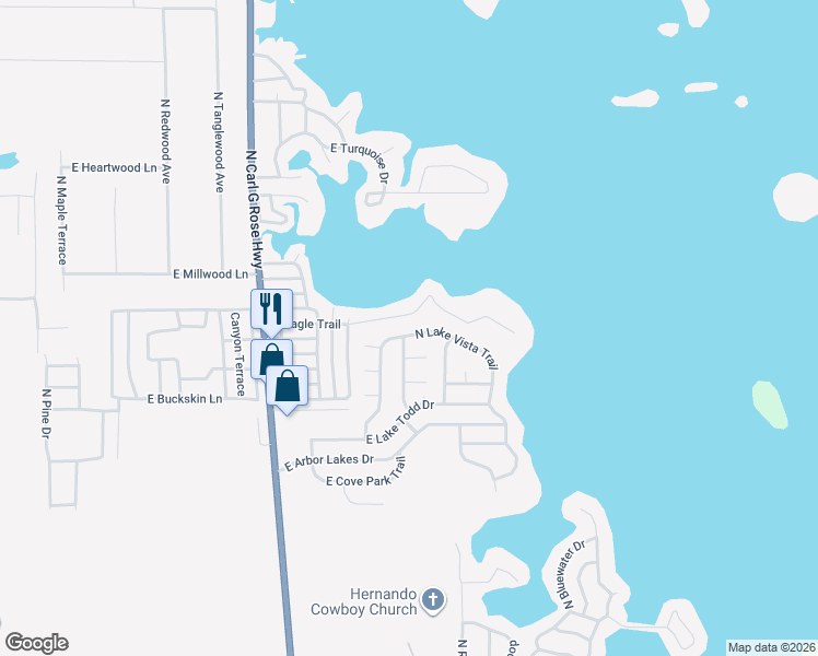map of restaurants, bars, coffee shops, grocery stores, and more near 4491 North Lake Vista Trail in Hernando