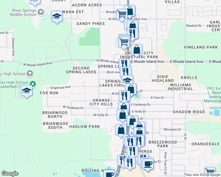 map of restaurants, bars, coffee shops, grocery stores, and more near 162 Dogwood Avenue in Orange City