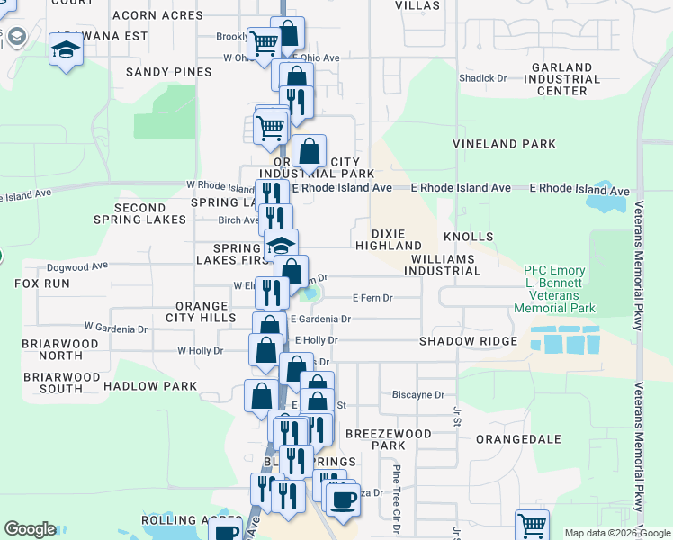 map of restaurants, bars, coffee shops, grocery stores, and more near 123 East Elm Drive in Orange City