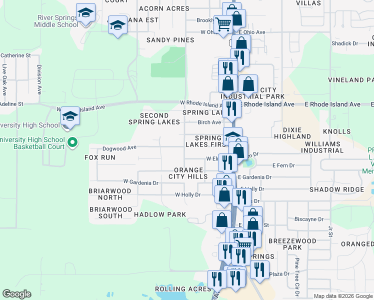 map of restaurants, bars, coffee shops, grocery stores, and more near 198 Dogwood Avenue in Orange City