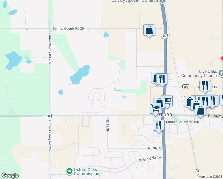 map of restaurants, bars, coffee shops, grocery stores, and more near 11980 Northeast 37 Drive in Oxford