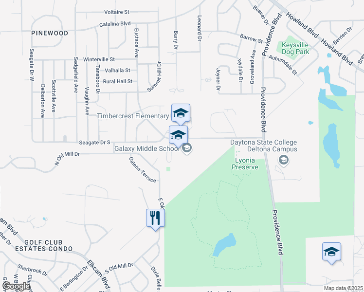 map of restaurants, bars, coffee shops, grocery stores, and more near 2400 Eustace Avenue in Deltona