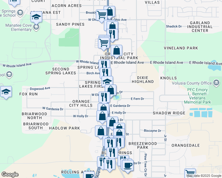 map of restaurants, bars, coffee shops, grocery stores, and more near 1720 South Volusia Avenue in Orange City