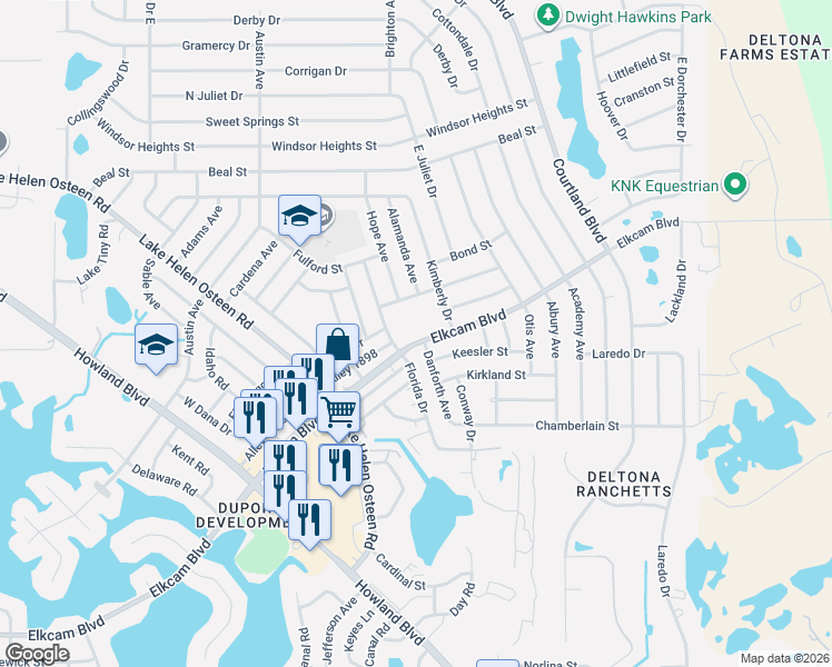 map of restaurants, bars, coffee shops, grocery stores, and more near 2886 Elkcam Boulevard in Deltona