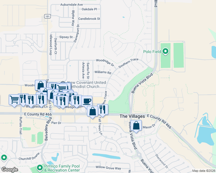 map of restaurants, bars, coffee shops, grocery stores, and more near 3195 Mansfield Street in The Villages