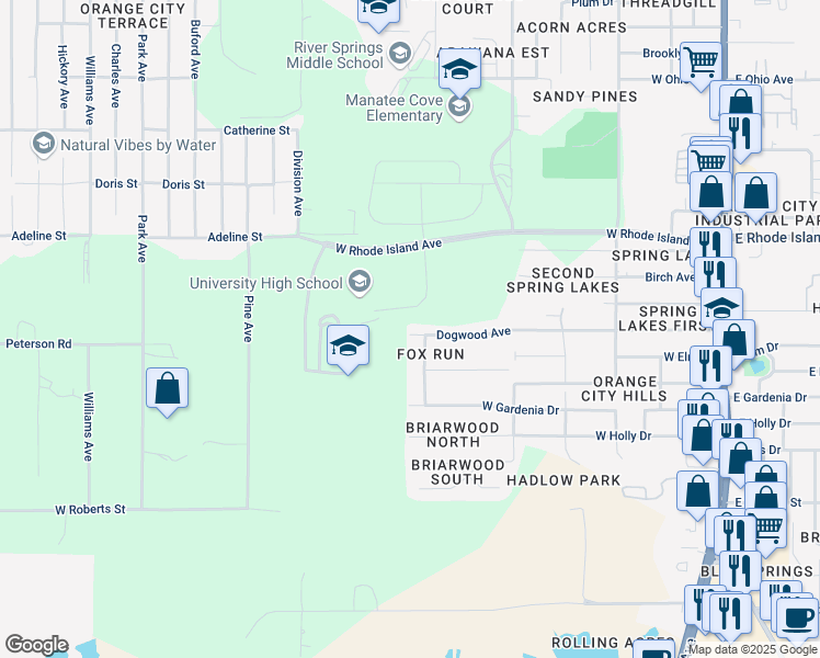 map of restaurants, bars, coffee shops, grocery stores, and more near 625 Dogwood Avenue in Orange City