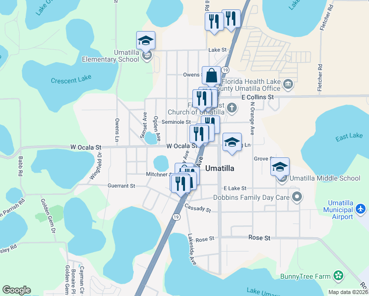 map of restaurants, bars, coffee shops, grocery stores, and more near 393 Kentucky Avenue in Umatilla
