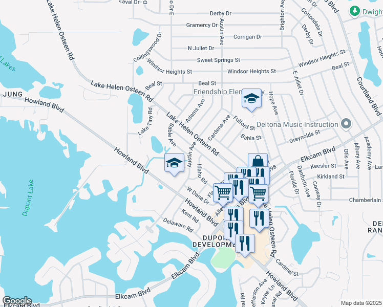 map of restaurants, bars, coffee shops, grocery stores, and more near 2351 Austin Avenue in Deltona