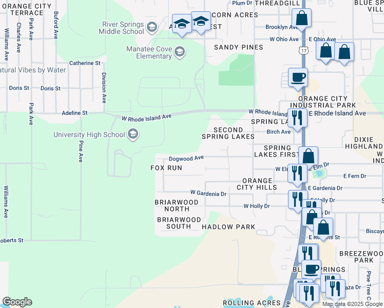 map of restaurants, bars, coffee shops, grocery stores, and more near 400 Dogwood Avenue in Orange City