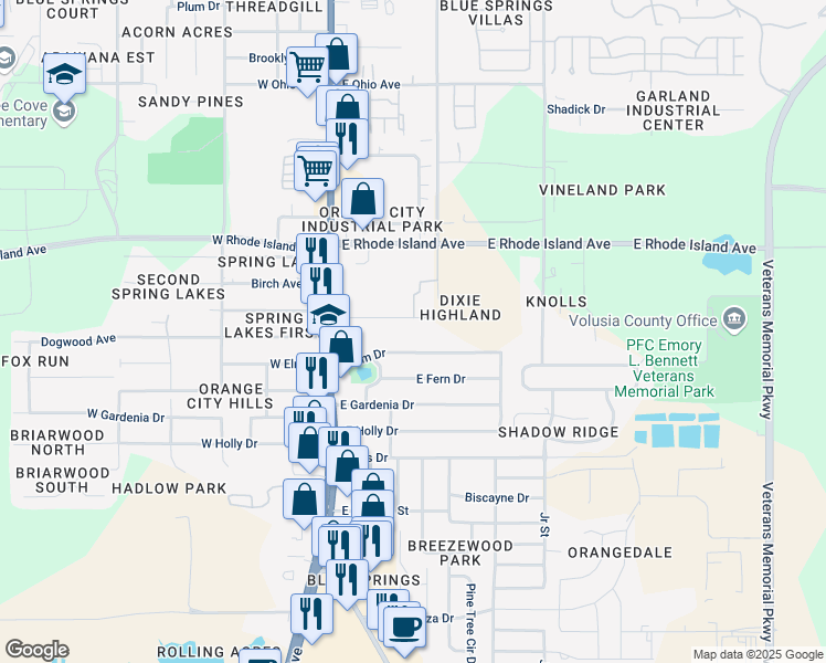 map of restaurants, bars, coffee shops, grocery stores, and more near 165 East Elm Drive in Orange City