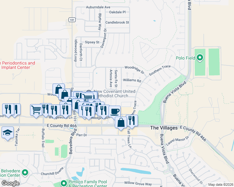 map of restaurants, bars, coffee shops, grocery stores, and more near 3248 Mansfield Street in The Villages