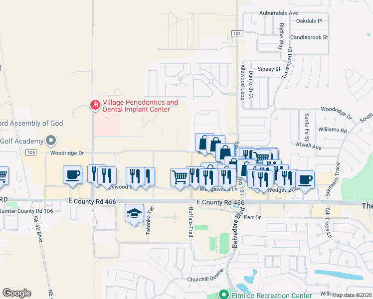 map of restaurants, bars, coffee shops, grocery stores, and more near 3705 Woodridge Drive in The Villages
