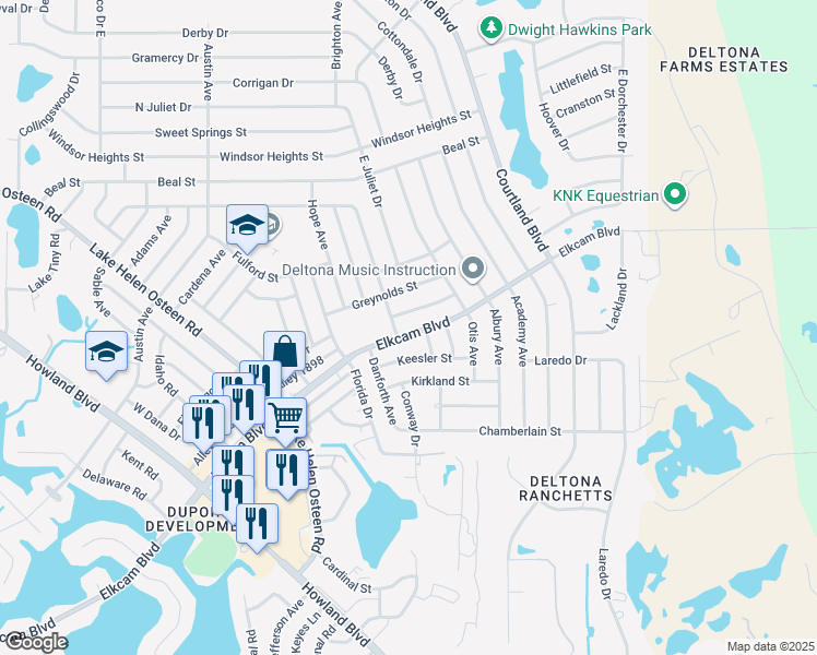 map of restaurants, bars, coffee shops, grocery stores, and more near 2912 Elkcam Boulevard in Deltona