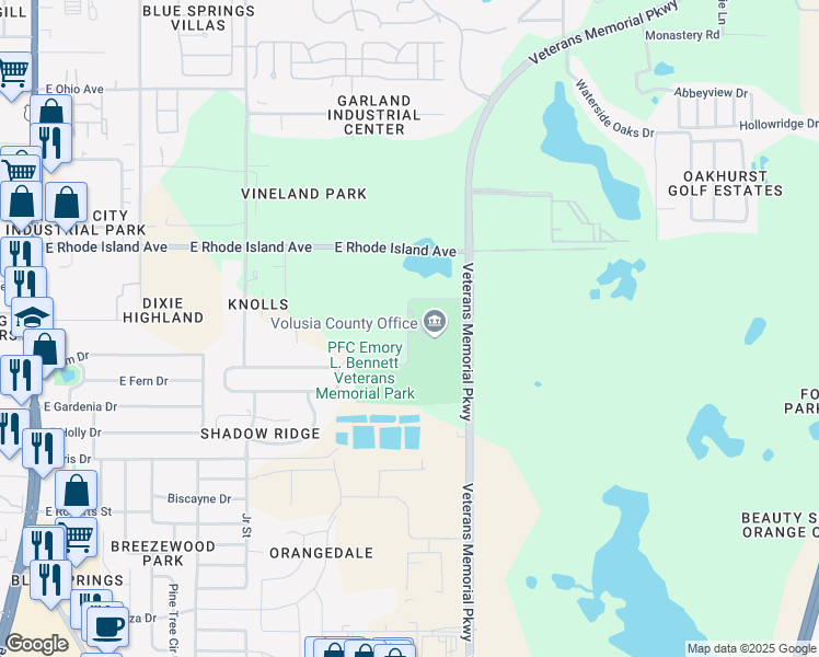 map of restaurants, bars, coffee shops, grocery stores, and more near 1365 Veterans Memorial Parkway in Orange City