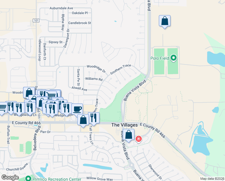 map of restaurants, bars, coffee shops, grocery stores, and more near 3147 Williams Road in The Villages