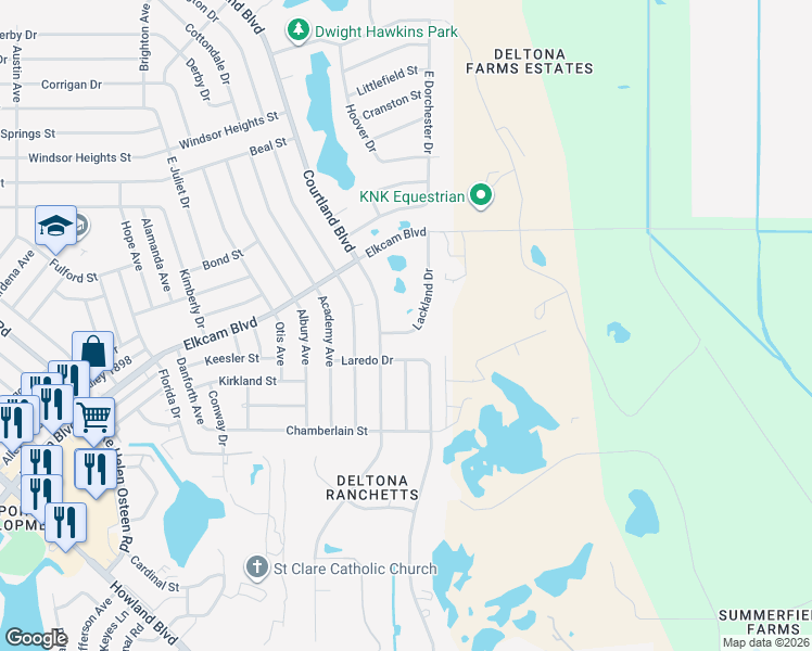 map of restaurants, bars, coffee shops, grocery stores, and more near 2416 Lackland Drive in Deltona