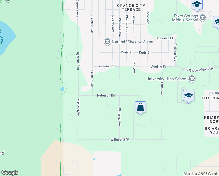 map of restaurants, bars, coffee shops, grocery stores, and more near 1580 Peterson Road in Orange City