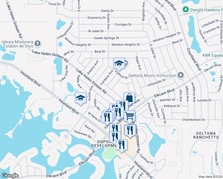 map of restaurants, bars, coffee shops, grocery stores, and more near 2400 Evergreen Avenue in Deltona