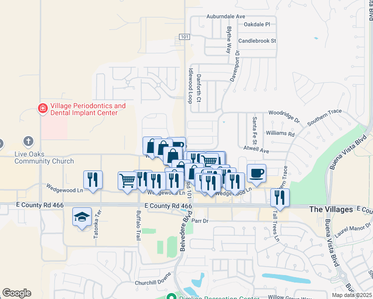 map of restaurants, bars, coffee shops, grocery stores, and more near 11849 County Road 101 in The Villages