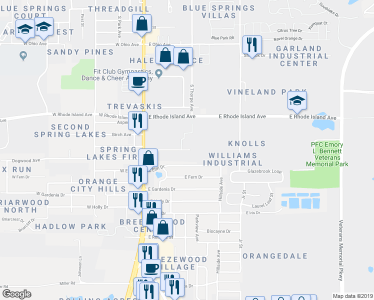 map of restaurants, bars, coffee shops, grocery stores, and more near 707 Water Oak Circle in Orange City
