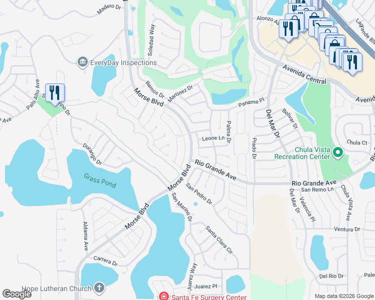 map of restaurants, bars, coffee shops, grocery stores, and more near 625 Nuevo Leon Lane in The Villages