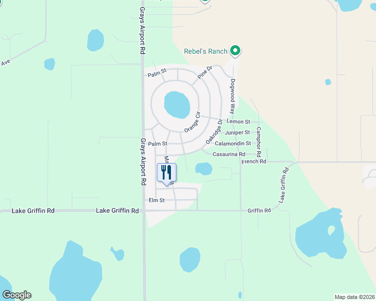 map of restaurants, bars, coffee shops, grocery stores, and more near 40044 Palm Street in Lady Lake
