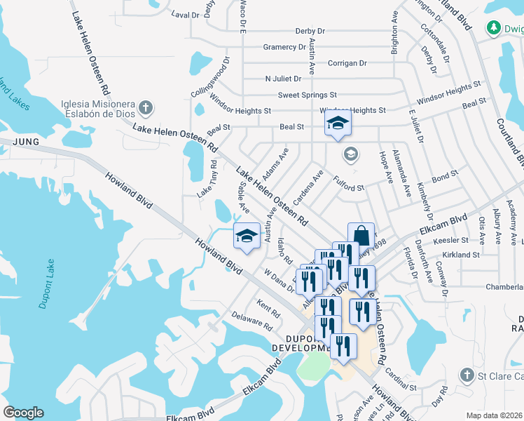 map of restaurants, bars, coffee shops, grocery stores, and more near 2386 Austin Avenue in Deltona