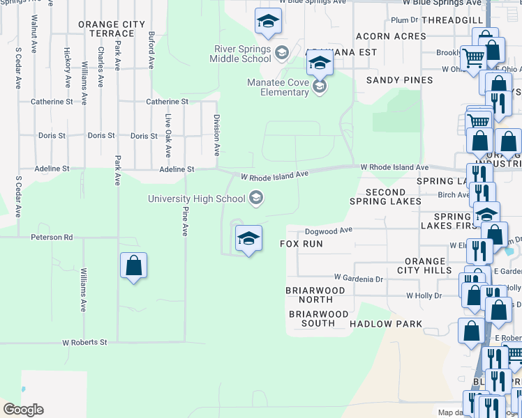 map of restaurants, bars, coffee shops, grocery stores, and more near 1000 West Rhode Island Avenue in Orange City