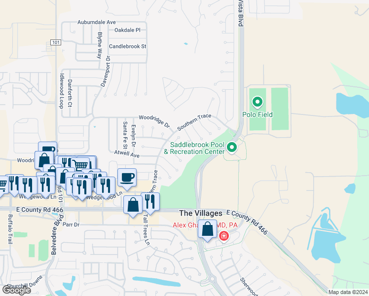 map of restaurants, bars, coffee shops, grocery stores, and more near 3153 Williams Road in The Villages
