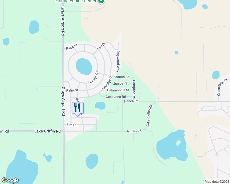 map of restaurants, bars, coffee shops, grocery stores, and more near 4422 Calamondin Street in Lady Lake