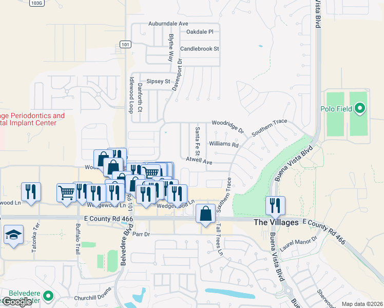 map of restaurants, bars, coffee shops, grocery stores, and more near 707 Artesia Avenue in The Villages