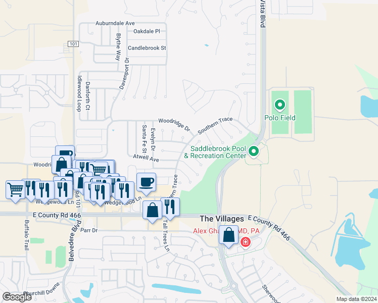 map of restaurants, bars, coffee shops, grocery stores, and more near 3189 Roswell Road in The Villages