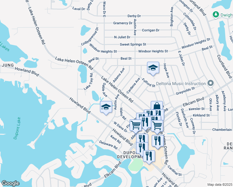 map of restaurants, bars, coffee shops, grocery stores, and more near 2386 Austin Avenue in Deltona