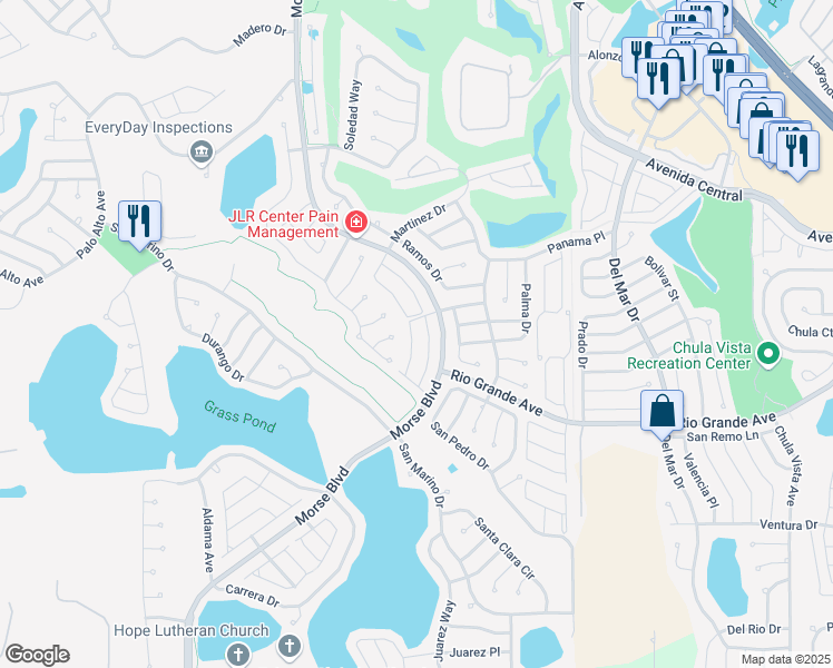 map of restaurants, bars, coffee shops, grocery stores, and more near 625 Nuevo Leon Lane in The Villages