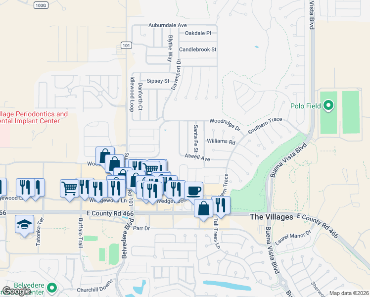 map of restaurants, bars, coffee shops, grocery stores, and more near 707 Artesia Avenue in The Villages