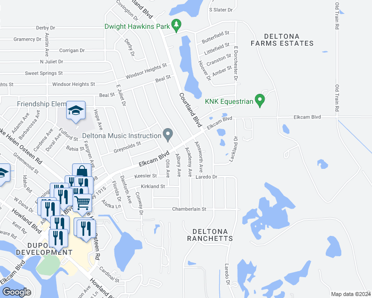 map of restaurants, bars, coffee shops, grocery stores, and more near 2447 Academy Avenue in Deltona