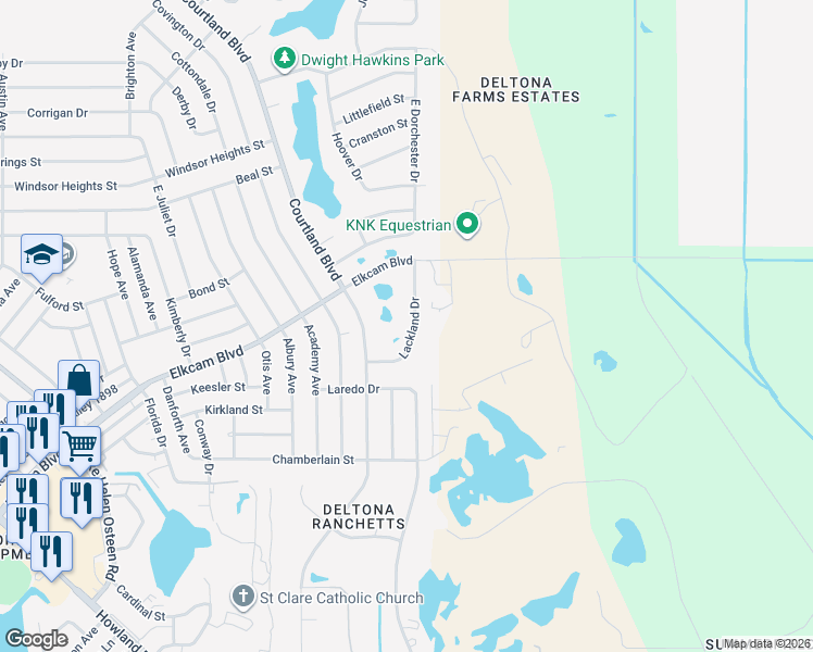 map of restaurants, bars, coffee shops, grocery stores, and more near 2416 Lackland Drive in Deltona