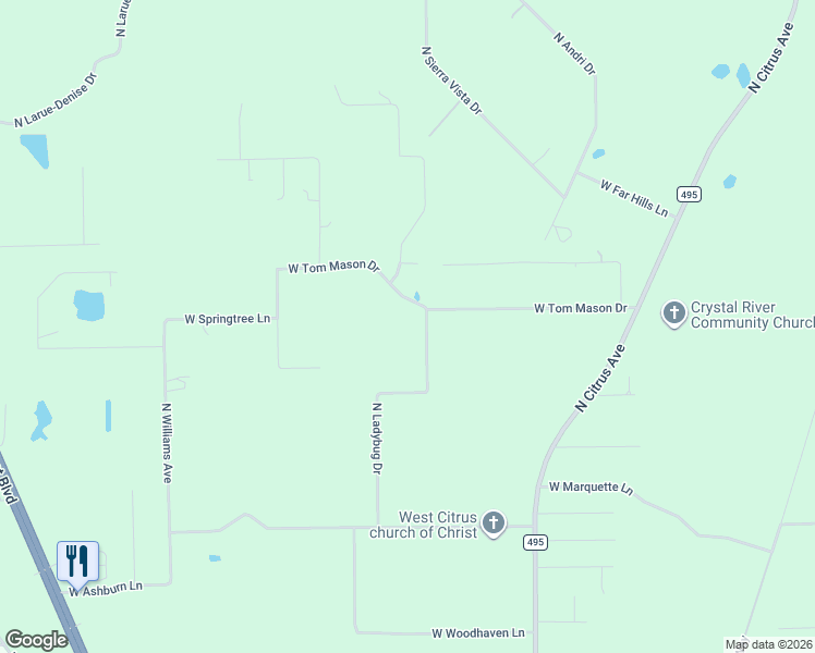 map of restaurants, bars, coffee shops, grocery stores, and more near 4798 North Ladybug Drive in Crystal River
