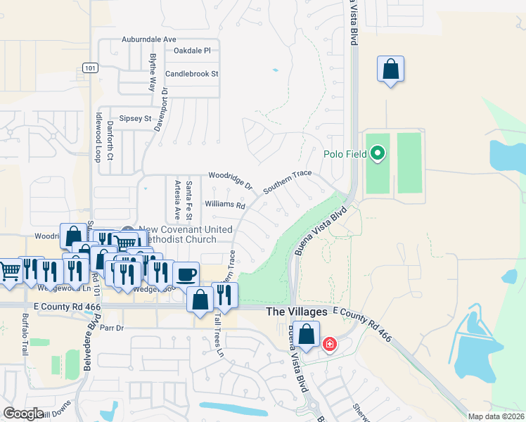 map of restaurants, bars, coffee shops, grocery stores, and more near 3189 Roswell Road in The Villages