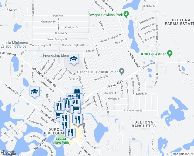 map of restaurants, bars, coffee shops, grocery stores, and more near 2942 Greynolds Street in Deltona