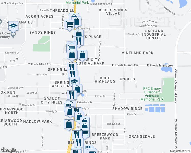 map of restaurants, bars, coffee shops, grocery stores, and more near 1815 Braemoor Dunes Drive in Orange City