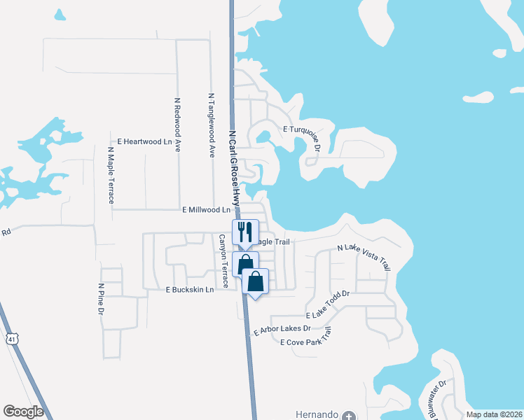 map of restaurants, bars, coffee shops, grocery stores, and more near 3511 East Bear Lane in Hernando