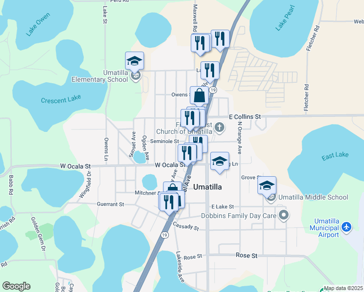 map of restaurants, bars, coffee shops, grocery stores, and more near 441 Umatilla Boulevard in Umatilla